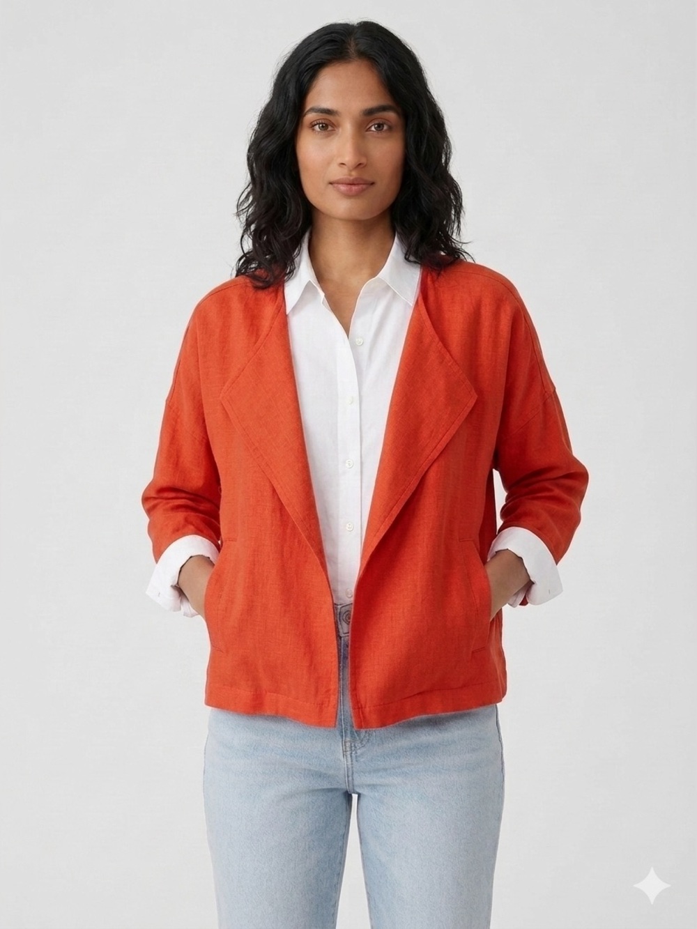 Eileen Fisher Red Organic Linen Drape Front Open Jacket Coat Pockets M